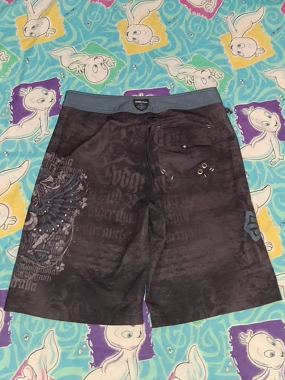 Y2K Affliction Vintage Cross Skull Board Shorts